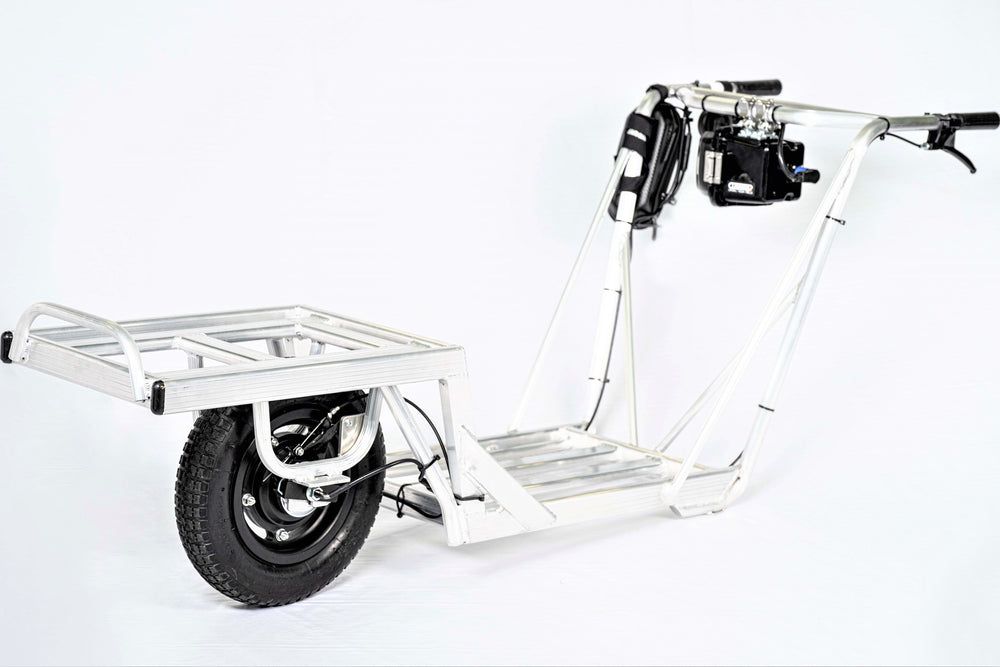 コンテナ用アルミ電動一輪車AEC2-11の本体全体。軽量アルミフレームに前部荷台とオフロードタイヤを備える